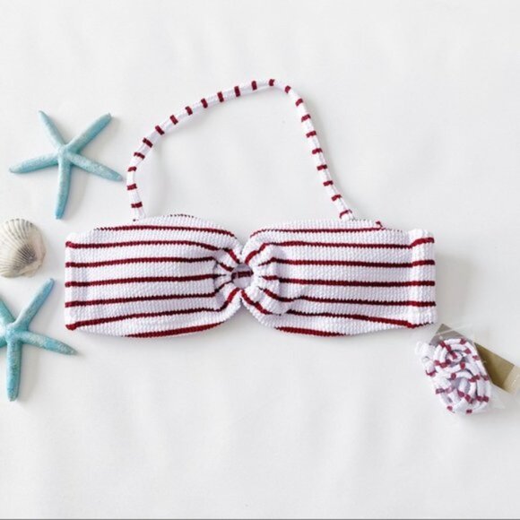 J. Crew | Scrunchie Ring Bandeau Bikini Top Stripe White Racing Red Textured New - Picture 3 of 15